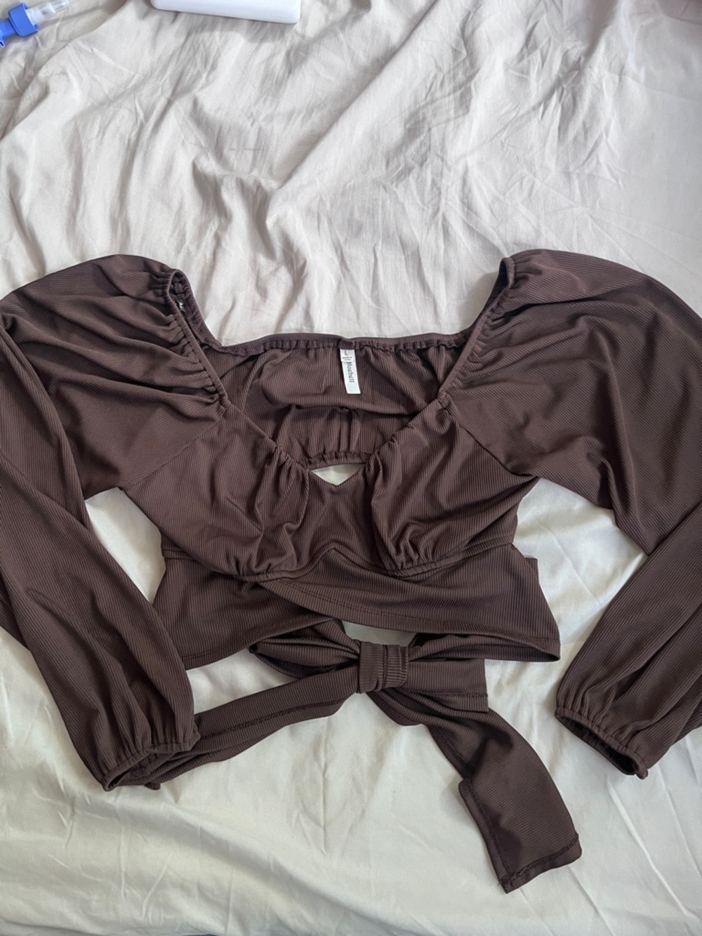 Bluebelle Brown Puff-Sleeve Tie-back Crop Top